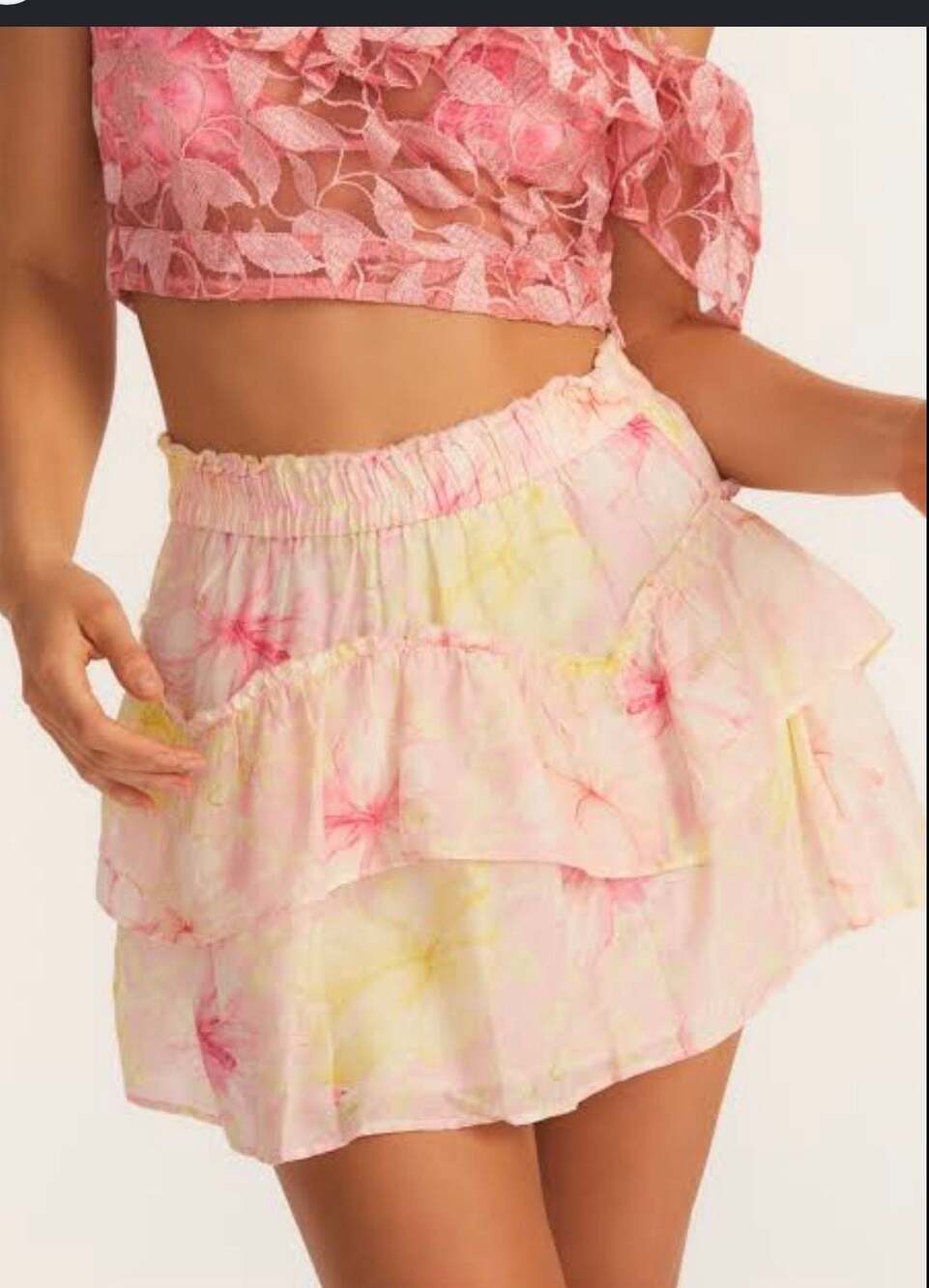 LoveShackFancy Pink Yellow Floral Tiered Ruffle Mini Skirt Size XS